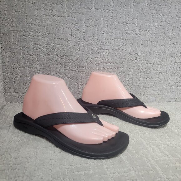 Olukai Ohana Women's Size US 8 Black Leather Slip On Flat Flip Flop Sandals - Picture 7 of 9